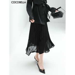 COCOBELLA设计感拼接缎面百褶裙女夏压褶不对称半身裙HS535B