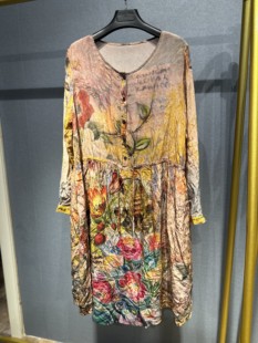 欧洲站欧货女款做旧花色真丝衫 连衣裙 腰间抽绳设计 高品质