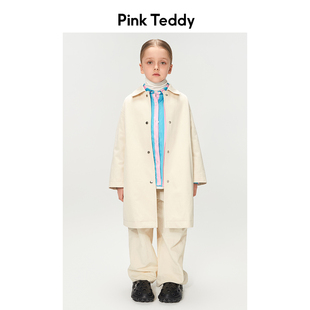 pinkteddy童装女童中长款风衣，24春秋儿童纯棉，极简经典款外套