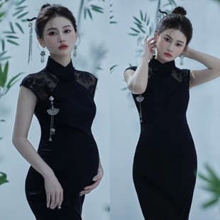 2024孕妇照服装影楼中国风中式复古黑色丝绒旗袍艺术拍照礼服