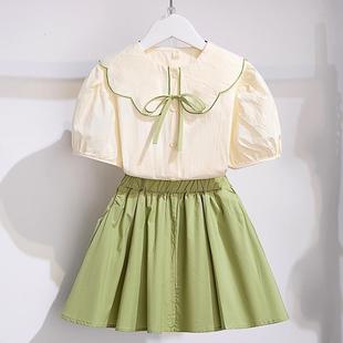 女童森女套装夏季韩版儿童中大童洋气荷叶领短袖衬衫短裙两件套潮