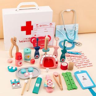 儿童仿真过家家全科医生角色，扮演女孩听诊打针医药箱木制套盒玩具