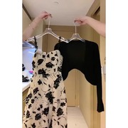 夏季2024法式碎花吊带连衣裙高级感小个子黑色长裙子两件套装