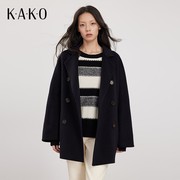 KAKO秋冬女装西装领外套简约气质纯色经典双排扣短款毛呢大衣