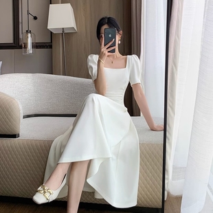 白色连衣裙2024夏方领收腰显瘦气质女神范领证(范，领证)小白裙伴娘服裙