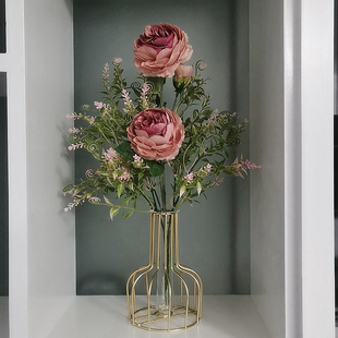 ins风花瓶简约铁艺北欧创意，透明玻璃水培客厅，桌面玫瑰假花尤加利
