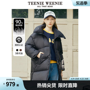 TeenieWeenie小熊秋冬中长款泡芙轻羽绒服舒适黑色面包外套女