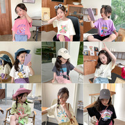 女童短袖t恤2023新夏季(新夏季)全棉白色，紫色黑色宽松卡通短款时尚t恤上衣