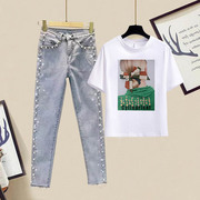 牛仔裤套装女夏季2023年韩版设计感印花T恤上衣高腰铅笔裤女