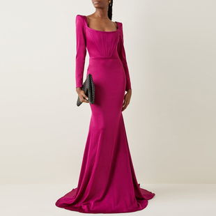 玫紫色晚礼服2023款高端大气红毯走秀主持人，连衣裙长裙敬酒服新娘