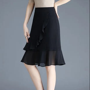 黑色雪纺短裙半身裙女夏季2024裙子，高腰显瘦a字鱼尾裙包臀裙