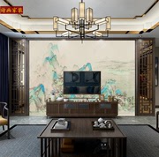 2024年新中式电视背景墙布水墨山水，青绿江山装饰墙画客厅沙发墙纸