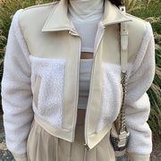 韩国东大门冬季女士翻领洋气，pu皮拼接羊羔毛加厚(毛加厚)宽松短款外套夹克