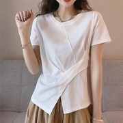 不规则纯棉短袖t恤女2024年夏季洋气，白色短款上衣女遮肚子小衫潮