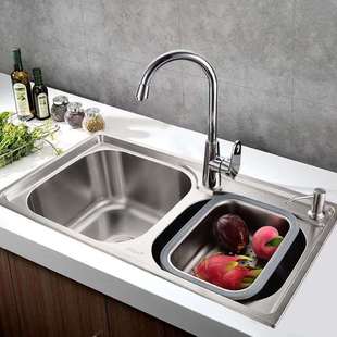 厨房304不锈钢水槽双槽套餐，一体成型水池，加厚洗菜盆家用单洗碗池