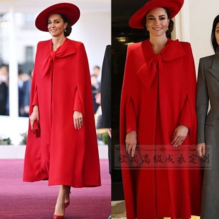 高端定制凯特王妃同款红色，圆领斗篷大衣毛呢，外套长款宽松英伦大气