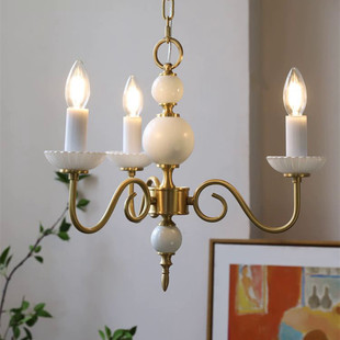 3头奶白玻璃吊灯法式美式复古卧室餐厅衣帽间中古黄铜灯具