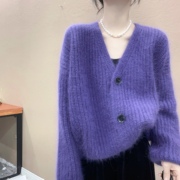 紫色粗毛线狐狸毛针织衫v领开衫毛衣欧洲站，宽松显瘦设计感纯色上