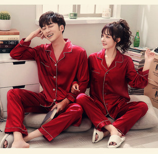 韩版春秋季真丝绸结婚情侣，睡衣男女长袖夏季性感新婚家居服套装