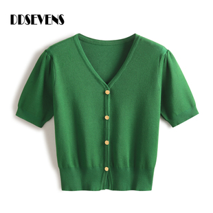 绿色v领短袖开衫，女春夏季百搭修身短款针织衫，金属扣韩版上衣