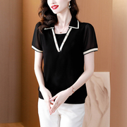韩国假两件黑色雪纺短袖T恤女夏季2024洋气气质时尚休闲上衣
