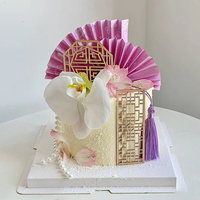 国潮网红中式结婚蛋糕装饰品，摆件扇子屏风玫瑰，插件婚礼甜品台插牌