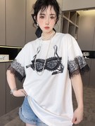 RR fashion 短袖T恤女2024夏季中长款拼接蕾丝圆领宽松小衫