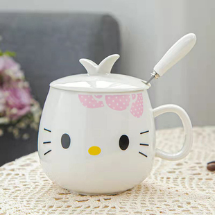 卡通陶瓷水杯KT猫带盖勺早餐杯可爱女生马克杯麦片牛奶个性咖啡杯