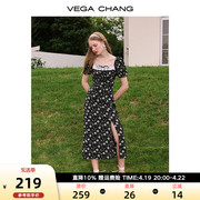 vegachang黑色碎花连衣裙，夏2024女装法式小众，小雏菊茶歇裙子
