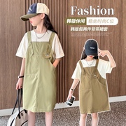 120-170女童韩版纯棉，假两件连衣裙，夏季休闲风