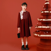 女童中式新年连衣裙过年拜年服洋气丝绒，冬装红色时髦童装加绒裙子