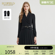 Scofield女装假两件西装裙黑色百褶长袖连衣裙2023秋冬