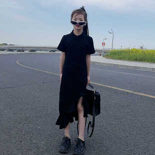 女童新中式改良黑色收腰旗袍复古小众高级感气质鱼尾包臀连衣裙夏