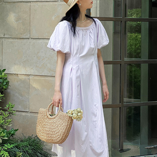 rinka夏季法式温柔复古泡泡，袖连衣裙抽褶设计纯色显瘦中长裙
