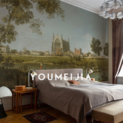 欧式风景画墙布客厅，卧室背景墙壁纸餐厅，复古轻奢墙纸工装定制壁画