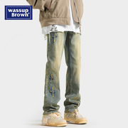 WASSUP美式vibe牛仔裤男士冬季潮牌加绒做旧黄泥色星星直筒裤男款