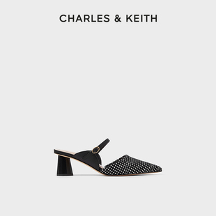 CHARLES&KEITH春夏女鞋CK1-60580224一字带尖头粗跟穆勒鞋单鞋女