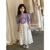 韩版女童装儿童夏季甜美时髦蕾丝，短袖t恤复古蛋糕裙短裙半身裙