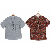 vintage古着孤品日本制夏季复古文艺森女短袖衬衫，大花圆点围巾领