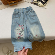 女童牛仔裤夏季薄款天丝洋气时髦长裤子新中式时尚刺绣碎花直筒裤
