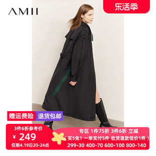 amii2023年冬立领撞色拼接配腰带风衣式，羽绒服女黑色长款外套