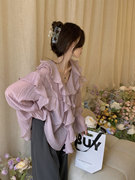 紫色温柔甜美仙气雪纺衬衫女春季设计感薄款荷叶，边长袖防晒上衣