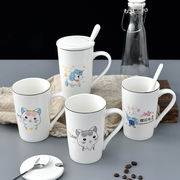 创意个性杯子陶瓷马克杯，带盖勺可爱卡通喝水杯，男女牛奶咖啡杯茶杯
