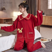 红色睡衣女本命年兔年2023年式居家服卡通套装，大红秋冬季时尚
