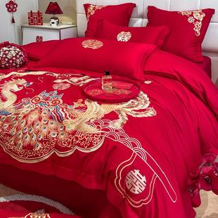 中式龙凤刺绣结婚四件套大红色床单，被套非纯棉喜被新婚庆(新婚庆)床上用品