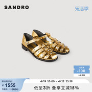 SANDRO Outlet女士法式时尚金色水钻铆钉装饰平跟凉鞋SFACH00973