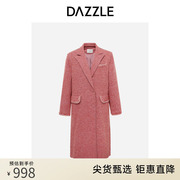 dazzle地素奥莱粉红色西装，领中长款直筒粗花呢，毛呢大衣外套女