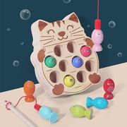 儿童木质钓鱼玩具颜色认知趣味游戏磁性小猫钓鱼益智玩具磁性鱼