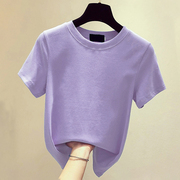 香港纯棉紫色t恤女短袖2024年夏季宽松修身打底圆领上衣潮ins