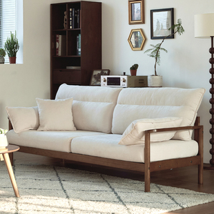 日式实木沙发新中式全实木复古沙发，北欧布艺小户型，客厅直排三人位
